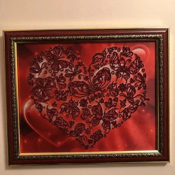 Handmade Beaded Embroidery Picture Art wall Decor Heart 12”x14.5” Valentines Day - Picture 1 of 1